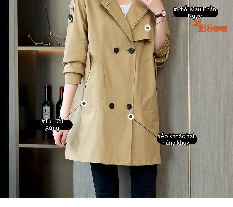 Áo Khoác Mangto Nữ Dáng Dài Hai Hàng Khuy Phong Cách Casual Màu Nâu kaki, Xanh dương, Đỏ chi tiết 4