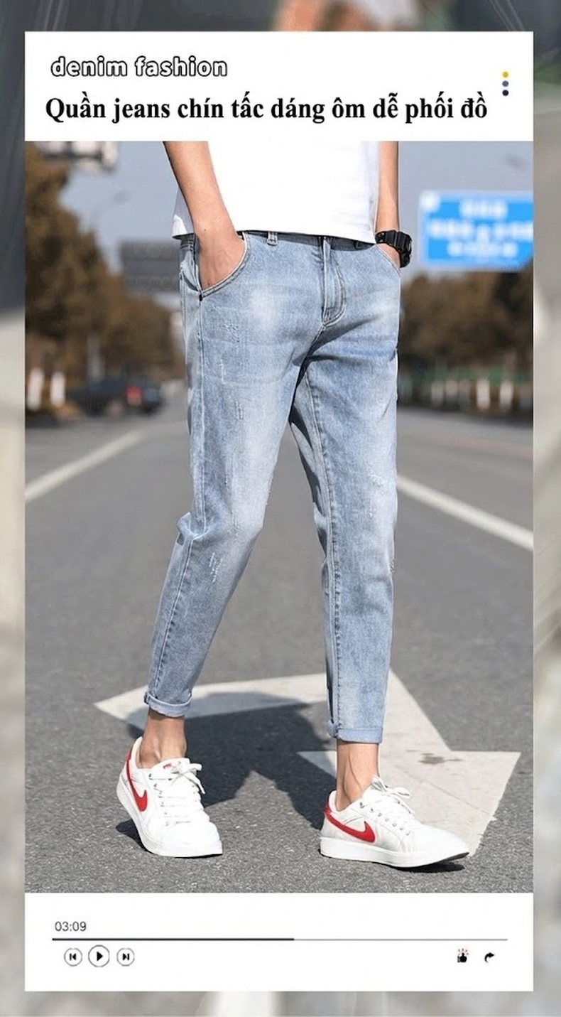 Quần Jean Nam Dáng Slim Fit Ống Lửng Phong Cách Casual Màu Xanh chi tiết 1