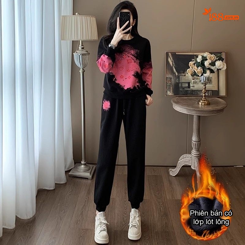 Set Bộ Nỉ Thu Đông Nữ Áo Tay Dài Quần Dài Thể Thao Phong Cách Thời Trang Màu Đen, Hồng