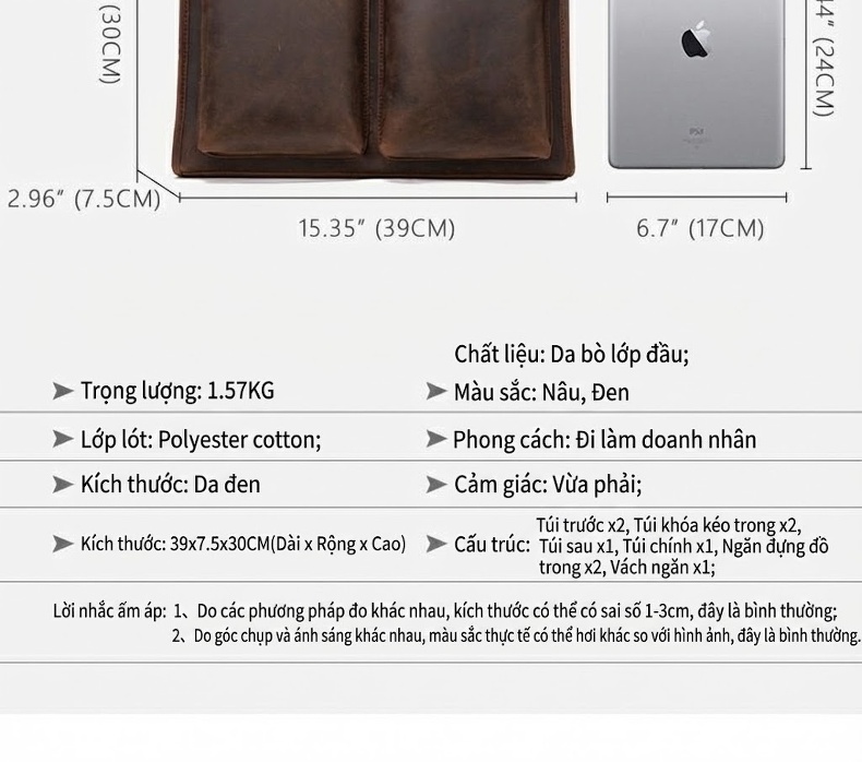 Cặp Công Sở Nam Da Bò Sáp Thủ Công Vintage Đựng Laptop Có Dây Đeo Màu Nâu chi tiết 4
