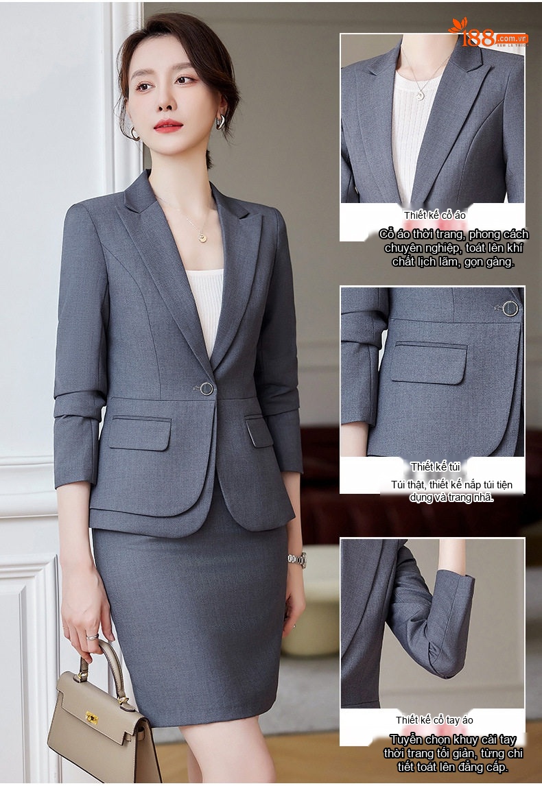 Bộ Vest Công Sở Nữ Thu Đông Dáng Ôm Thanh Lịch Màu Xám, Xanh Navy, Đen chi tiết 4
