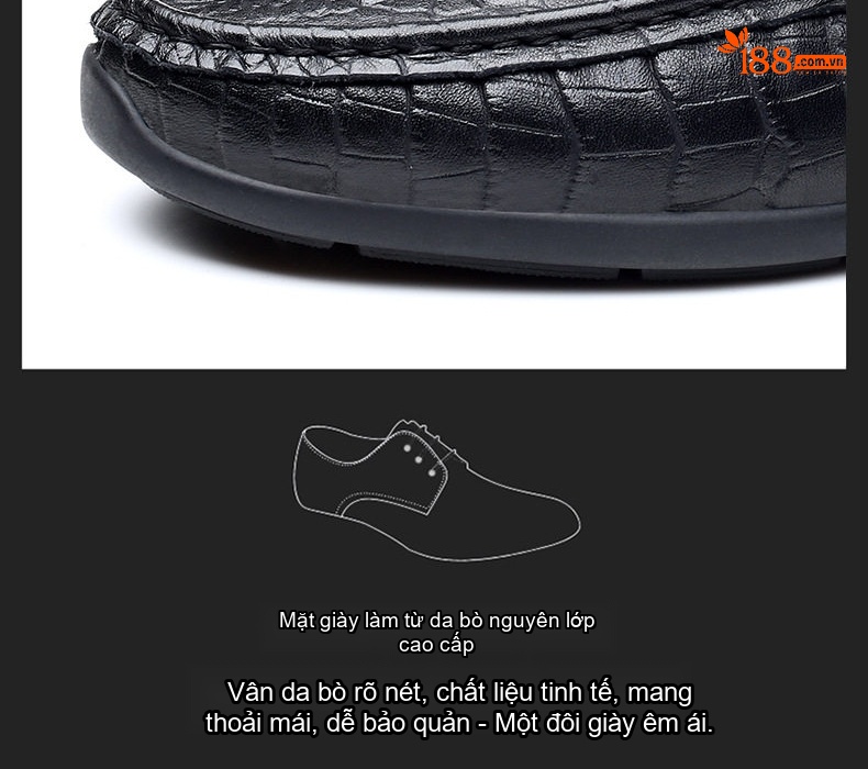 Giày Lười Nam Da Bò Vân Cá Sấu Chiều Cao Đế Khoảng 2cm Màu Đen chi tiết 9