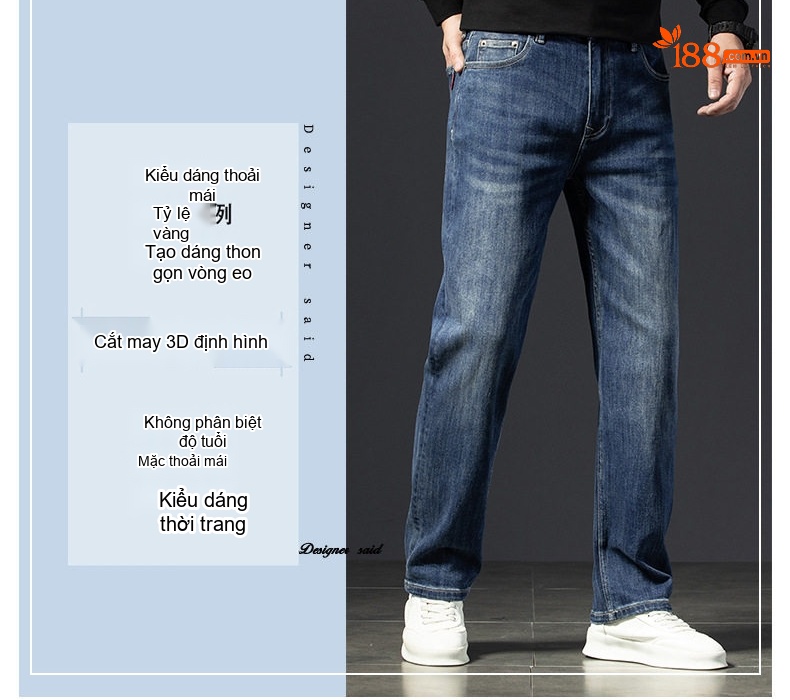 Quần Jean Nam Cotton Co Giãn Dáng Suông Rộng Phong Cách Doanh Nhân Màu Xanh chi tiết 5