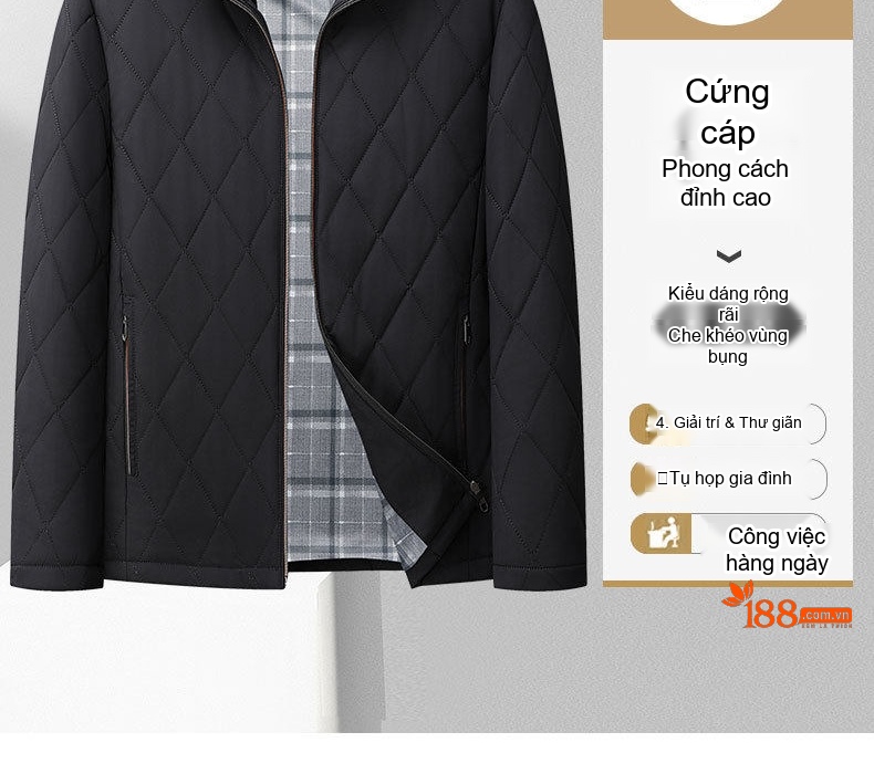 Áo Khoác Bông Nam Có Mũ Trùm Đầu Cotton Lót Lụa Tằm Ngắn Tay Giữ Ấm Màu Đen, Xanh Navy chi tiết 4