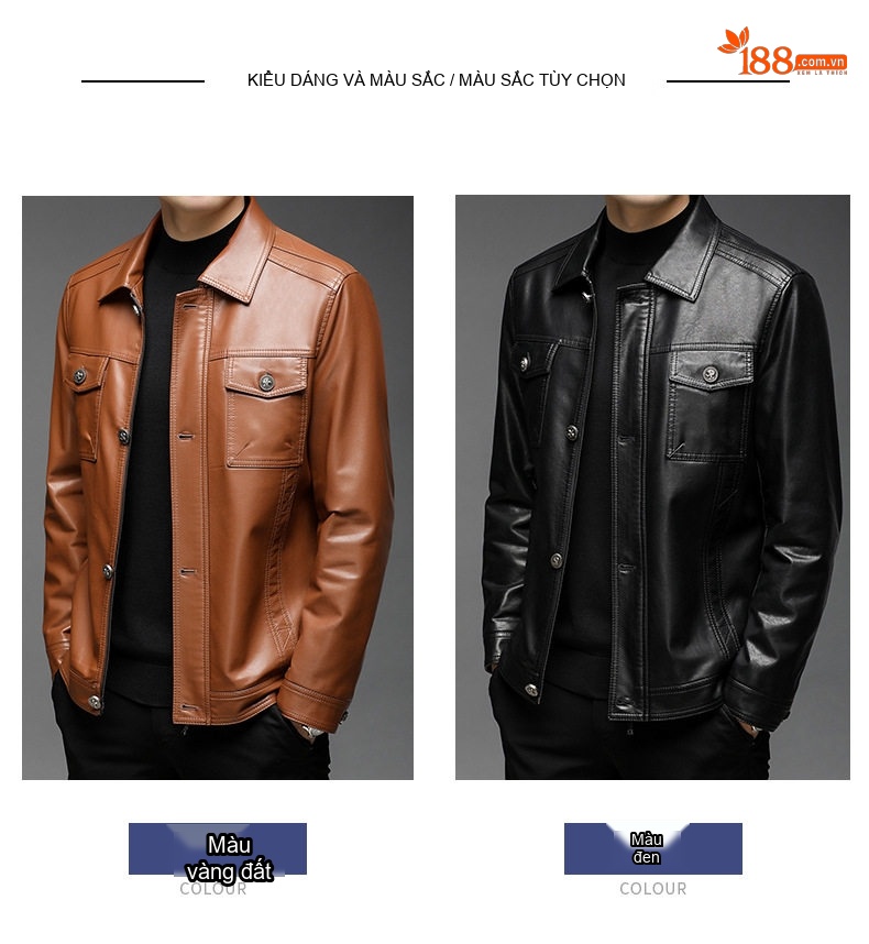 Áo Khoác Da Nam Có Lót Lông Cừu Cổ Bẻ Phong Cách Moto Màu Đen, Nâu chi tiết 5