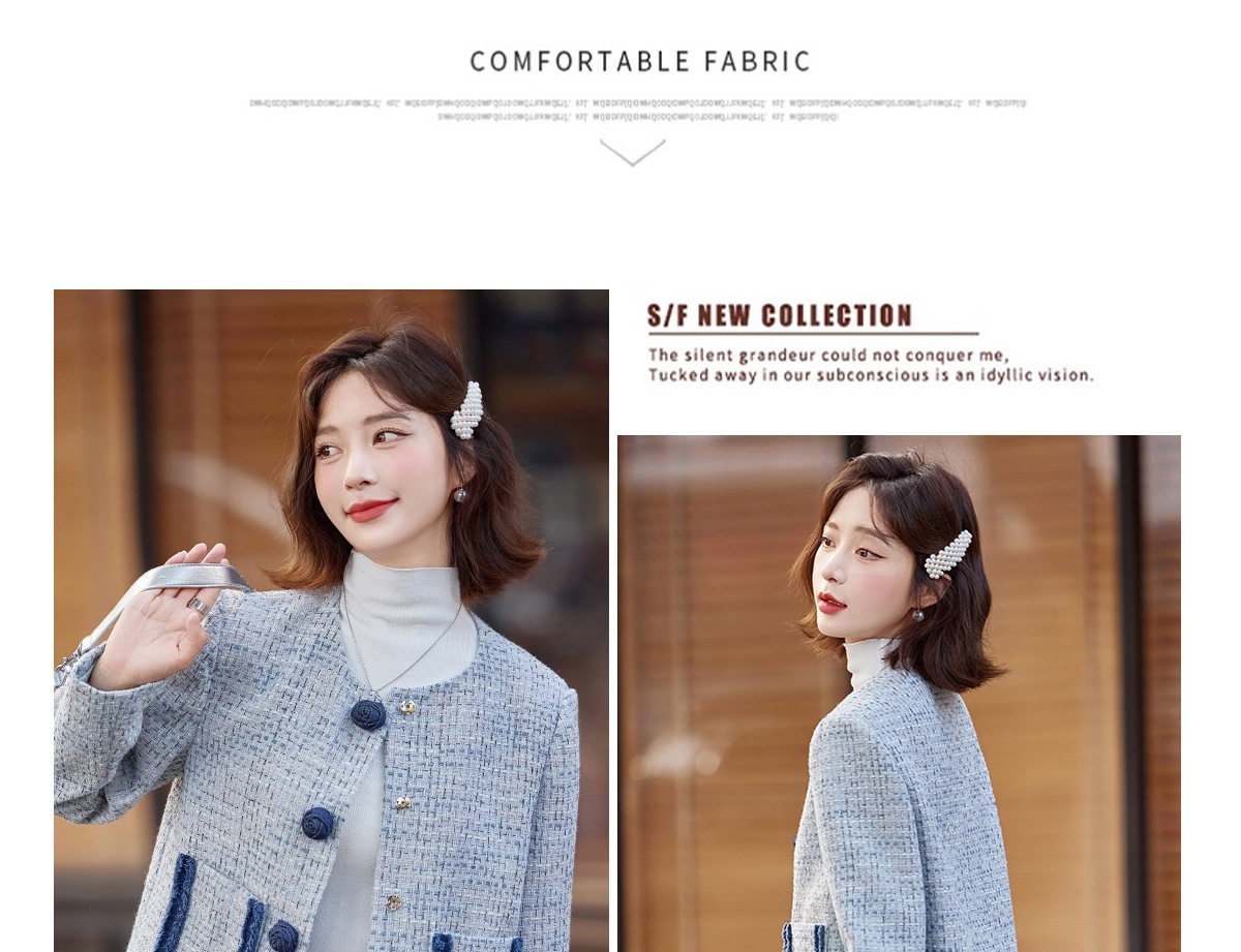 Áo Khoác Nữ Tweed Xanh Lam Cổ Tròn Đính Nút Hoa Phong Cách Tiểu Thư chi tiết 21