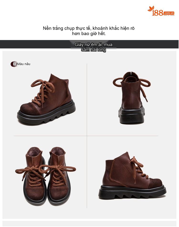 Boot Nữ Cổ Ngắn Da Bò Đế Dày Chiều Cao Đế Khoảng 5cm Màu Đen, Nâu chi tiết 16