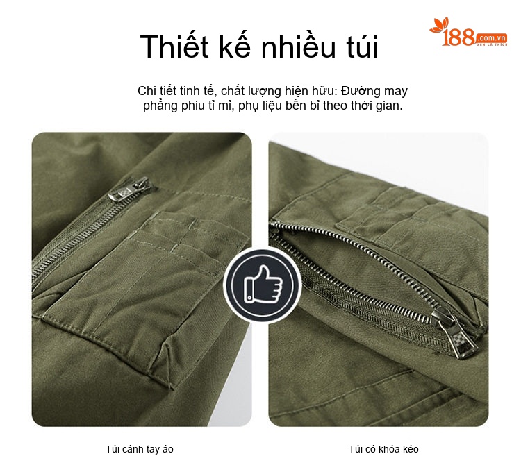 Áo Khoác Bomber Nam Cotton Giặt Nước Nhiều Túi Dáng Rộng Màu Đen, Xanh Olive, Nâu Vàng chi tiết 3