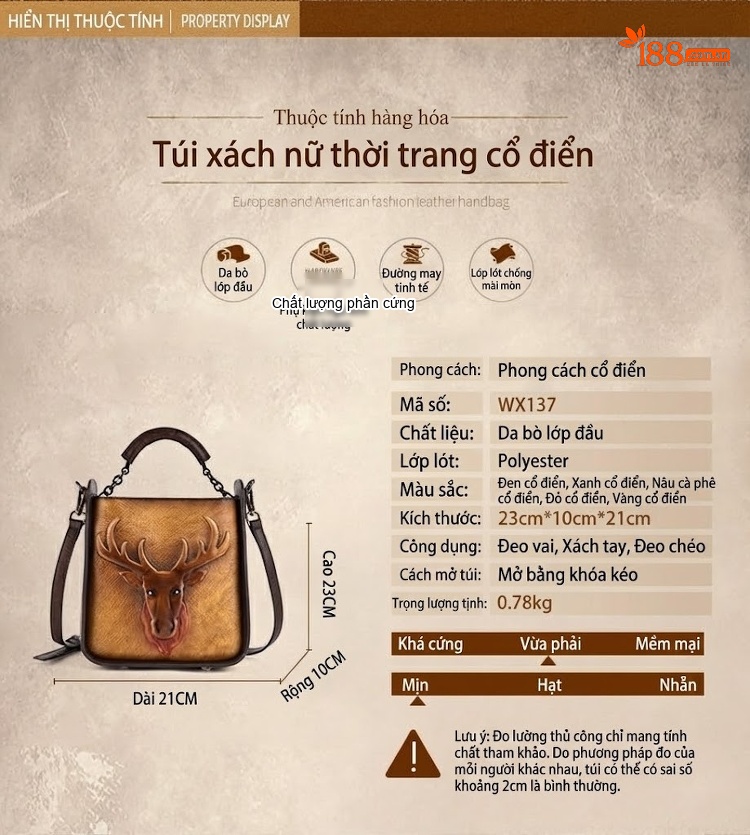 Túi Xách Nữ Da Bò Thật Vintage Hình Hươu Cao Cấp Đeo Vai, Xách Tay Màu Nâu, Vàng, Xanh Lá, Đỏ... chi tiết 16