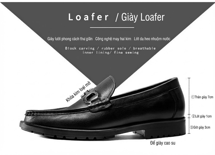 Giày Lười Nam Da Bò Công Sở Chiều Cao Đế Khoảng 3cm Màu Đen chi tiết 2