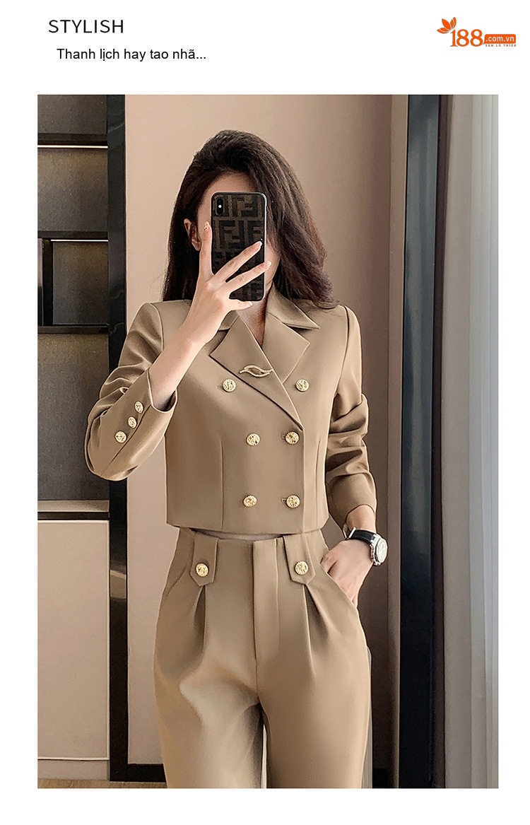 Bộ Vest Công Sở Nữ Dáng Ngắn Quần Dài/Chân Váy Màu Kaki, Đen, Xanh Dương chi tiết 5