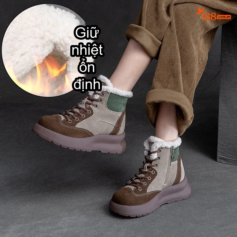 Boot Nữ Cổ Lông Đế Dày Phối Màu Chiều Cao Đế Khoảng 5cm Màu Nâu, Be, Xanh Lá