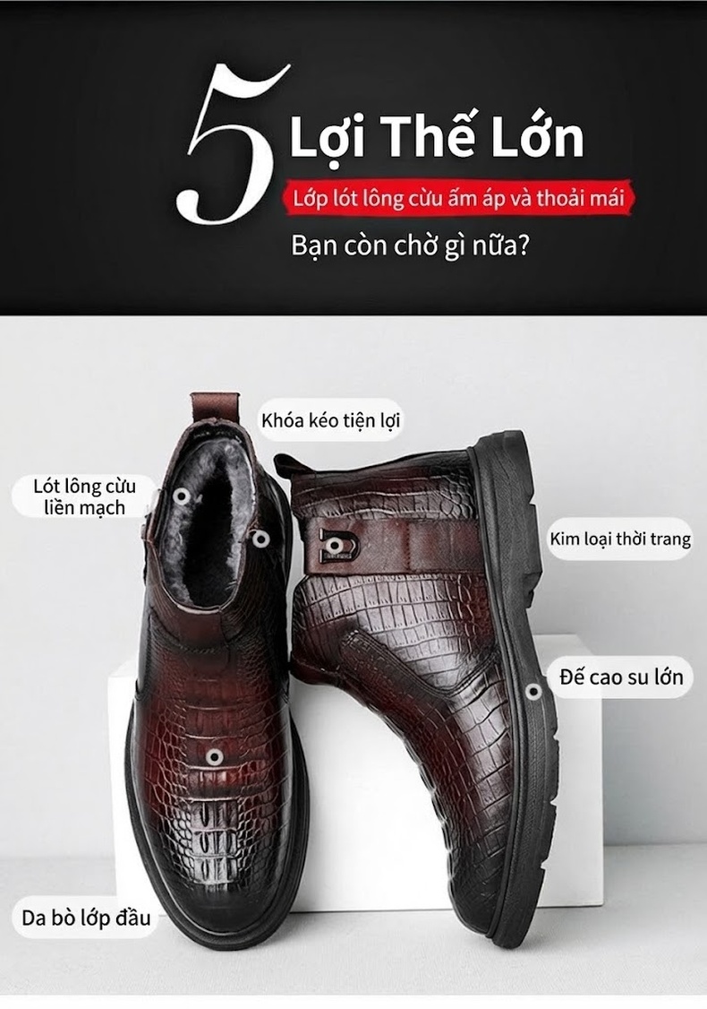 Boot Nam Da Thật Cao Cổ Lót Lông Cừu Giữ Ấm Chiều Cao Đế Khoảng 4cm Màu Đen, Nâu chi tiết 10