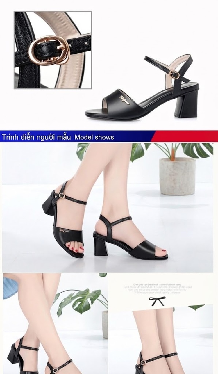 Giày Sandal Cao Gót Nữ Quai Ngang Hở Ngón Gót Vuông Da Bóng Gót Cao 7cm - 8cm Màu Kem, Đen chi tiết 5