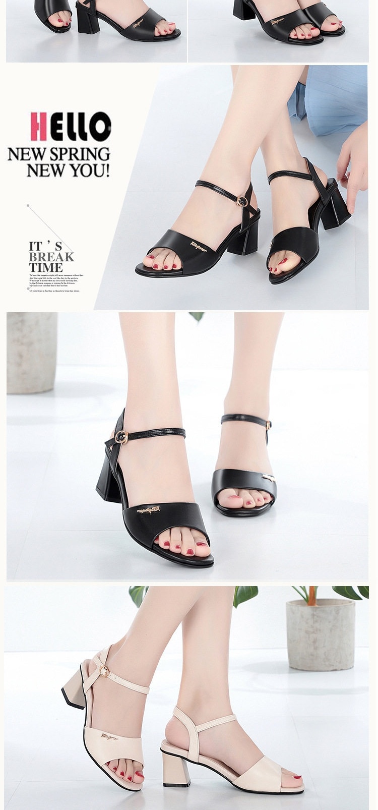 Giày Sandal Cao Gót Nữ Quai Ngang Hở Ngón Gót Vuông Da Bóng Gót Cao 7cm - 8cm Màu Kem, Đen chi tiết 6