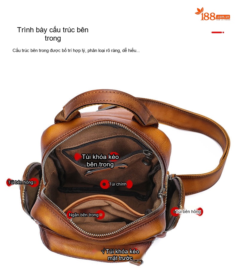 Túi Đeo Ngực/Đeo Chéo Nam Da Bò Thật Phong Cách Cổ Điển Màu Nâu chi tiết 8