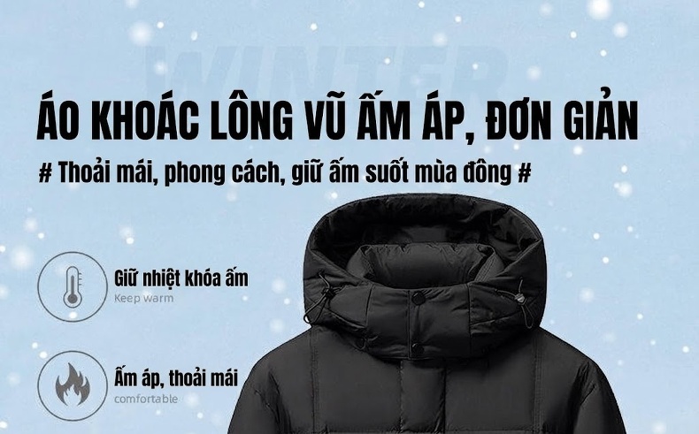 Áo Khoác Phao Nam Dáng Dài Có Mũ Trùm Đầu 90% Lông Vịt Trắng Dày Dặn Giữ Ấm Màu Đen, Kem chi tiết 1