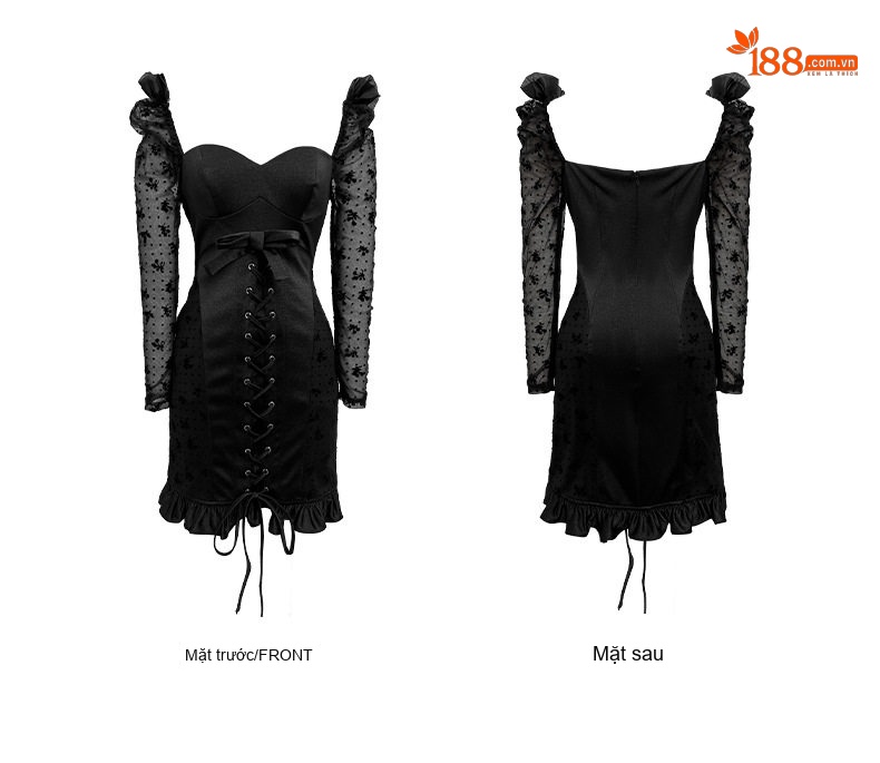 Váy Ôm Body Nữ Tay Lưới Gợi Cảm Cổ chữ Vuông Thắt Nơ Màu Đen chi tiết 4