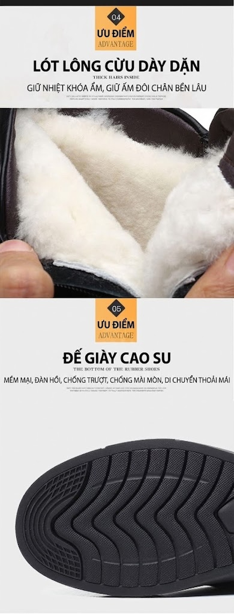 Giày Cao Cổ Nam Da Thật Lót Lông Cừu Giữ Ấm Chiều Cao Đế Khoảng 3cm Màu Đen chi tiết 8