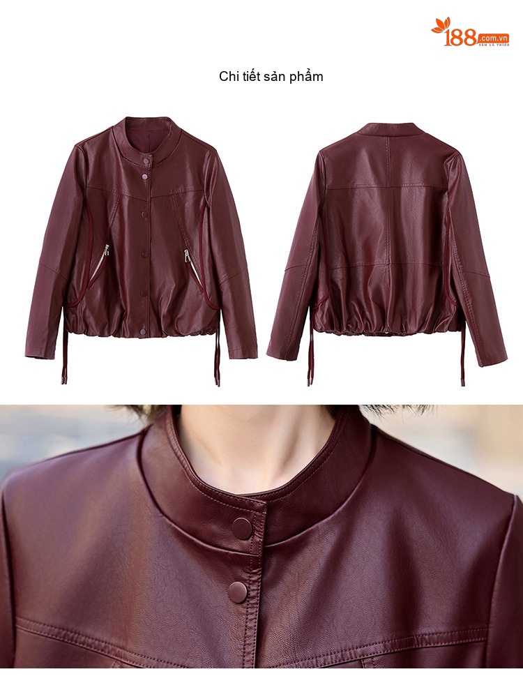 Áo Khoác Bomber Nữ Da PU Dáng Ngắn Thời Trang Màu Đen, Đỏ Rượu chi tiết 38