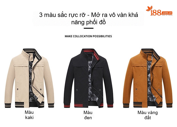 Áo Khoác Bomber Nam Cotton Dáng Đứng Cổ Tay Bo Chun Thu Đông Màu Be, Đen, Vàng Nâu chi tiết 11