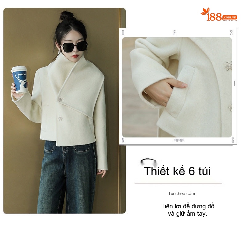 Áo Khoác Nữ Tiểu Hương Phong Lông Cừu Áo Dạ Ngắn Hai Mặt Màu Trắng, Đen chi tiết 12