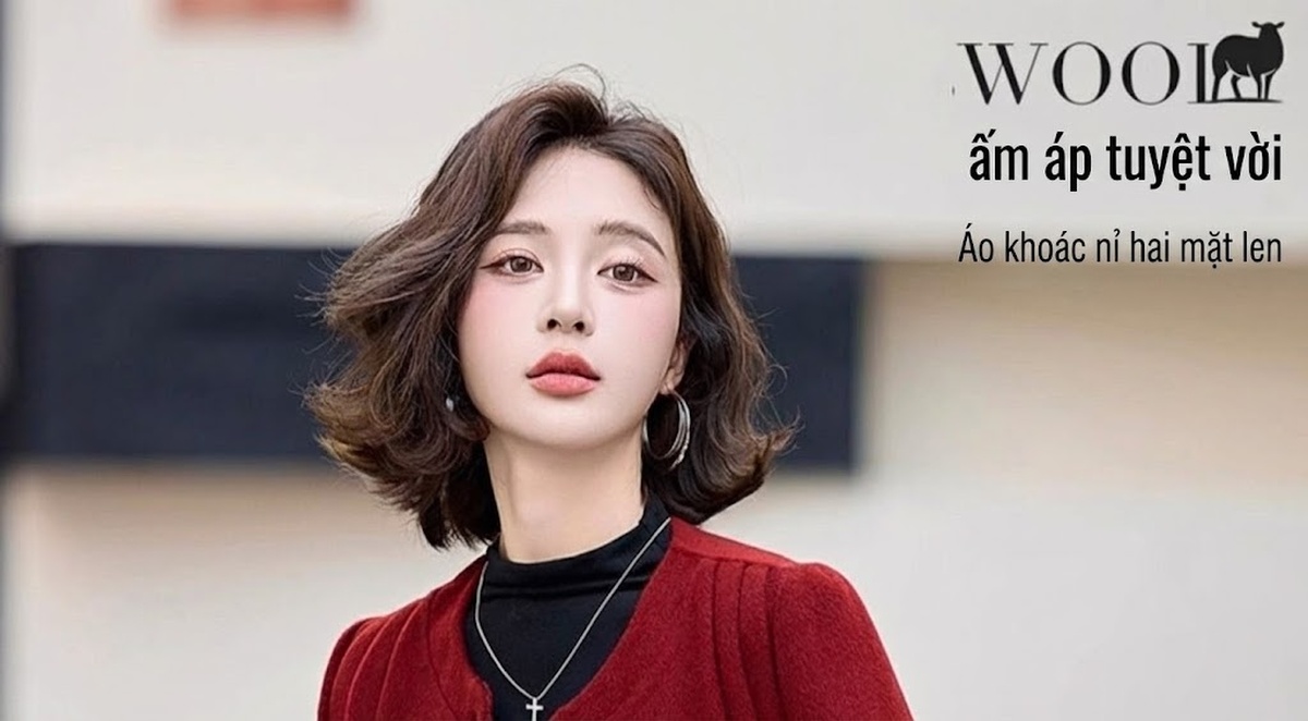 Áo Khoác Lông Cừu Nữ Màu Đỏ Đô Phong Cách Tiểu Thư chi tiết 2