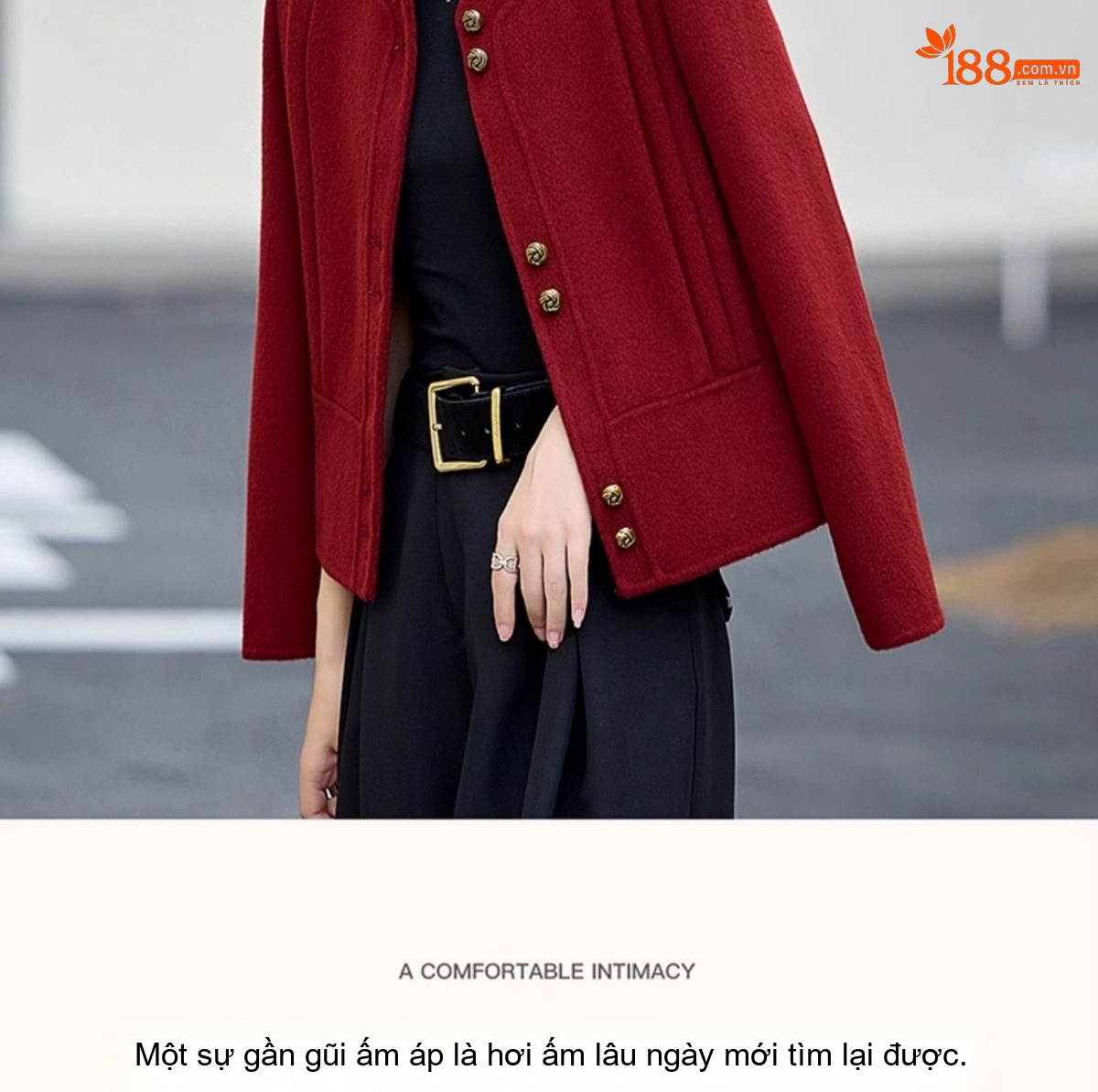 Áo Khoác Lông Cừu Nữ Màu Đỏ Đô Phong Cách Tiểu Thư chi tiết 3
