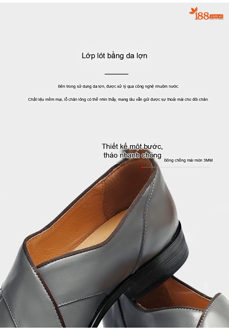 Giày Lười Mũi Nhọn Nam Da Bò Phong Cách Retro Chiều Cao Đế Khoảng 3cm Màu Đen, Xám chi tiết 9