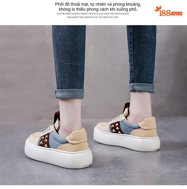 Giày Thể Thao Nữ Da Bò Đế Bánh Mì Chiều Cao Đế Khoảng 4cm Màu Be, Nâu, Xanh chi tiết 15