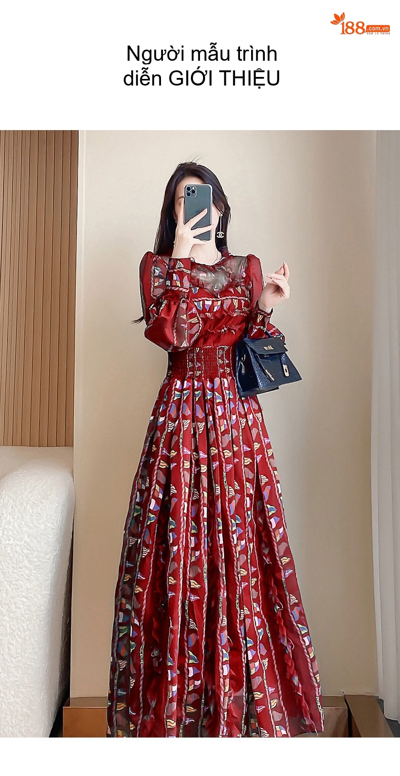 Váy Dài Tay Nữ Họa Tiết Hoa Nhí Phong Cách Pháp Thanh Lịch Màu Xanh, Đỏ chi tiết 18