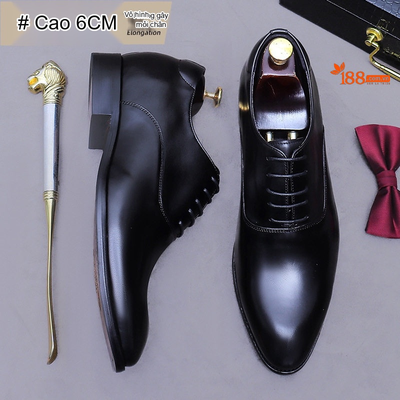 Giày Tây Buộc Dây Nam Da Bò Chiều Cao Đế 6cm Màu Đen, Nâu