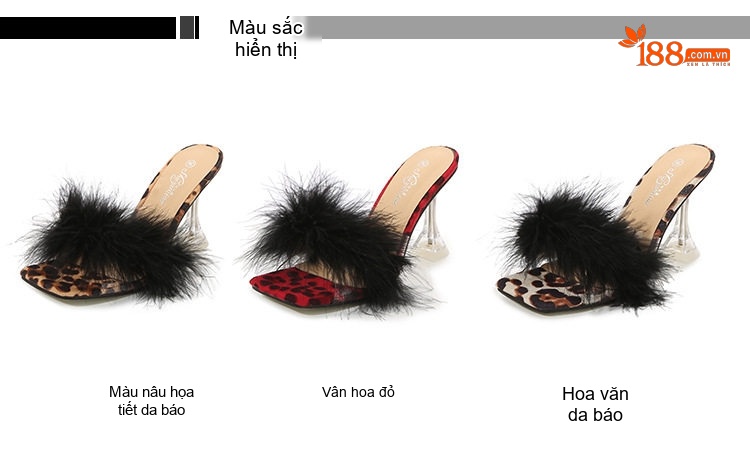 Dép Cao Gót Nữ Quai Ngang Mũi Vuông Đính Lông Chiều Cao Đế Khoảng 7cm Màu Đen, Hồng, Đỏ... chi tiết 2