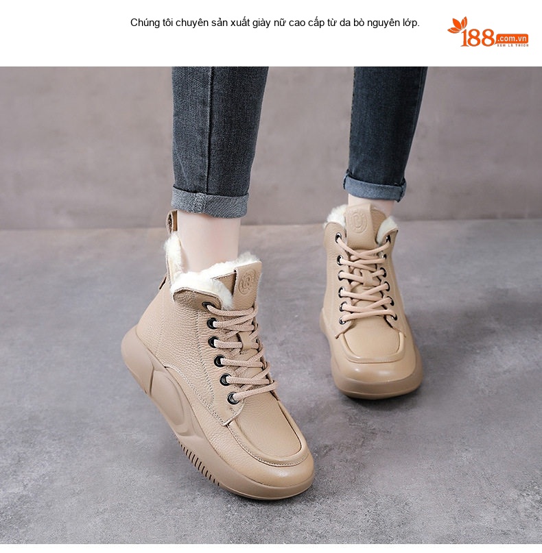 Giày Boot Nữ Da Bò Lót Lông Cừu Non Cổ Cao Dây Buộc Chiều Cao Đế Khoảng 5cm Màu Be, Đen chi tiết 2