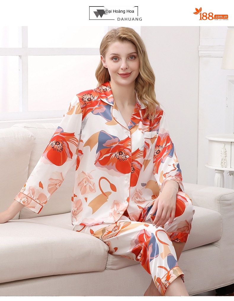 Bộ Pijama Lụa Tơ Tằm Dài Tay Nữ Size Lớn Họa Tiết Hoa Mùa Thu chi tiết 26