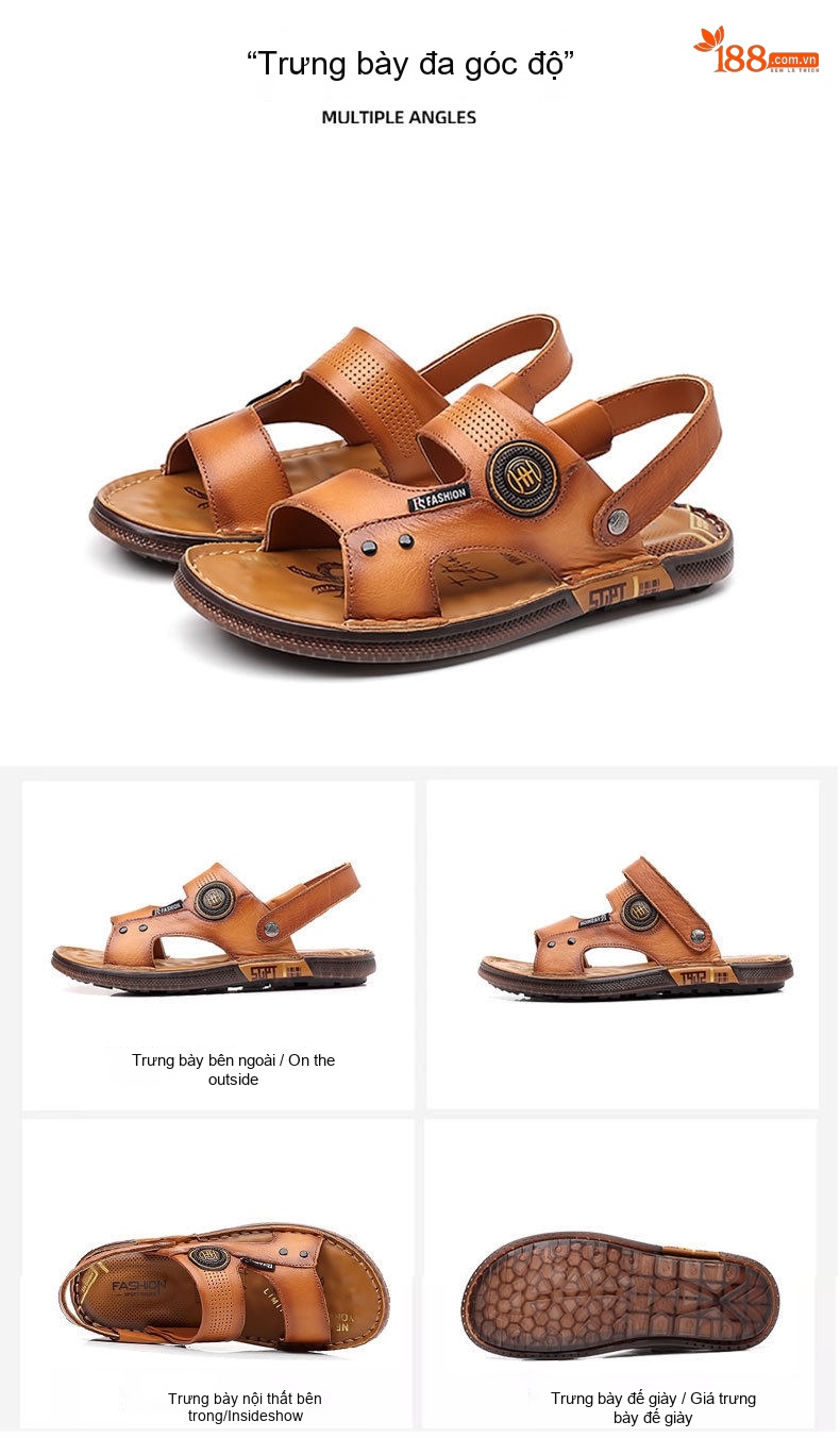 Dép Sandal Nam Da Thật Chống Trượt Thoáng Khí Chiều Cao Đế Khoảng 2cm Màu Nâu, Đen chi tiết 14