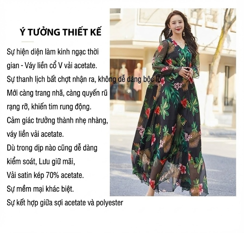 Váy Maxi Voan Nữ Tay Dài Họa Tiết Hoa Lá Đi Biển Mùa Hè Màu Đen chi tiết 2
