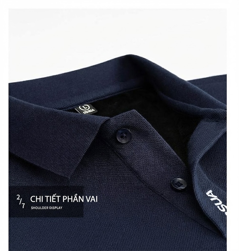 Áo Polo Nam Tay Dài Cotton Lót Lông Cừu Màu Xanh Dương, Xanh Navy, Kem, Xanh Lá chi tiết 21