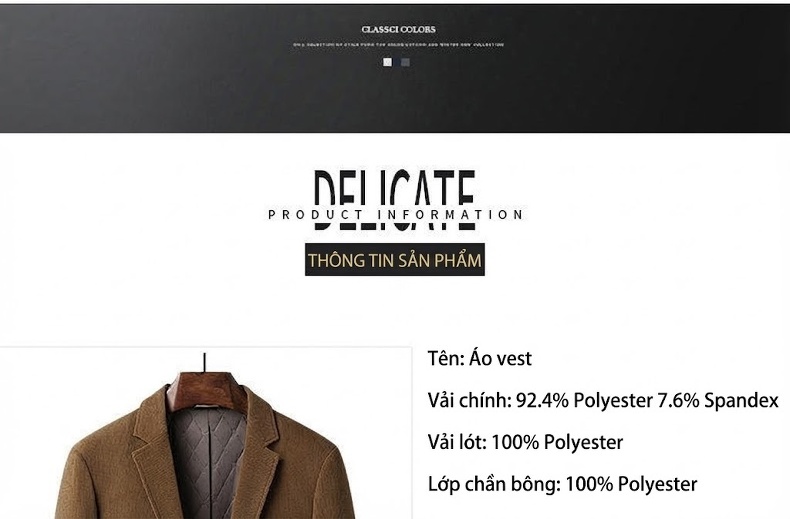 Áo Vest Nam Dáng Ôm Vải Nhung Gân Dày Dặn Hai Nút Phong Cách Lịch Lãm Màu Đen, Nâu chi tiết 3