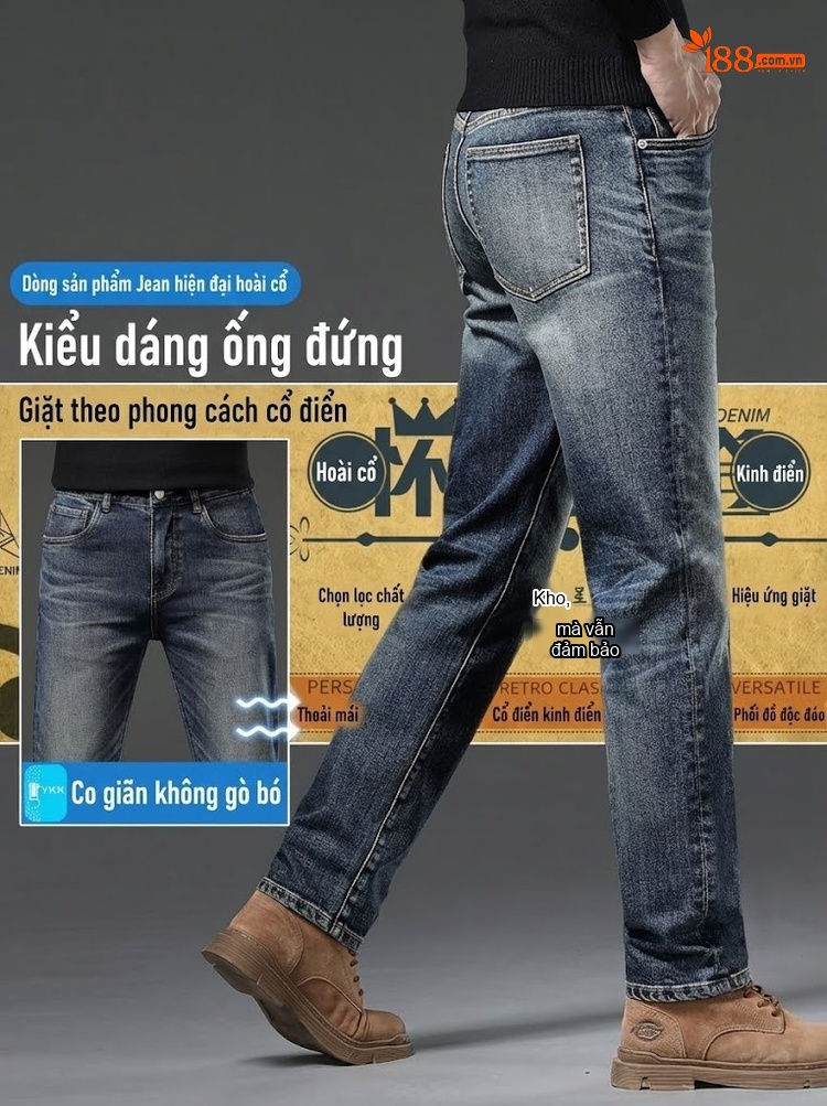 Quần Jean Nam Ống Đứng Co Giãn Vừa Vặn Phong Cách Retro Màu Xanh Denim