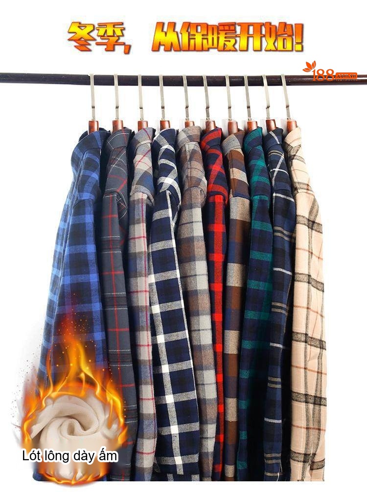 Áo Sơ Mi Nam Cotton Dài Tay Lót Lông Cổ Điển Chống Nhăn Màu Xanh Navy, Xám, Đỏ, Xanh Lá... chi tiết 3