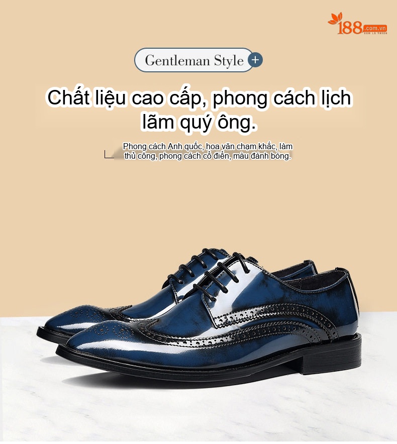 Giày Tây Buộc Dây Nam Da Bò Brogue Chiều Cao Đế Khoảng 3cm Màu Đen, Xanh chi tiết 1