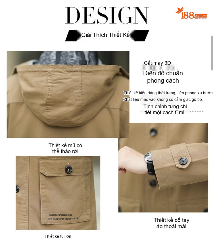 Áo Khoác Gió Nam Cotton Dáng Suông Trung Dài Có Mũ Màu Be, Đen, Nâu, Xanh chi tiết 3