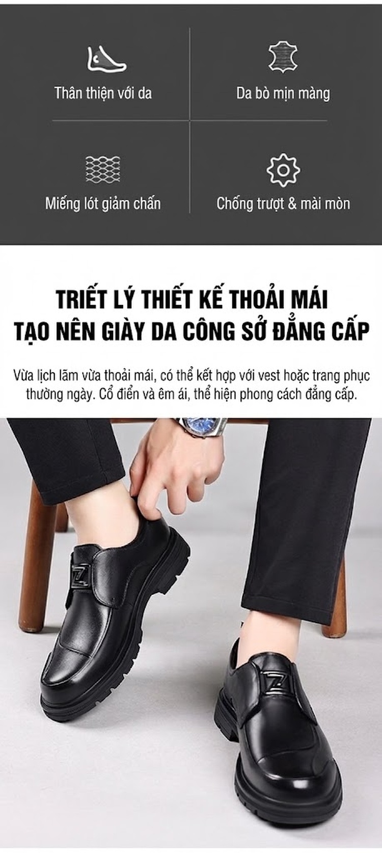 Giày Tây Derby Nam Da Bò Chiều Cao Đế Khoảng 3.5cm Màu Đen chi tiết 4