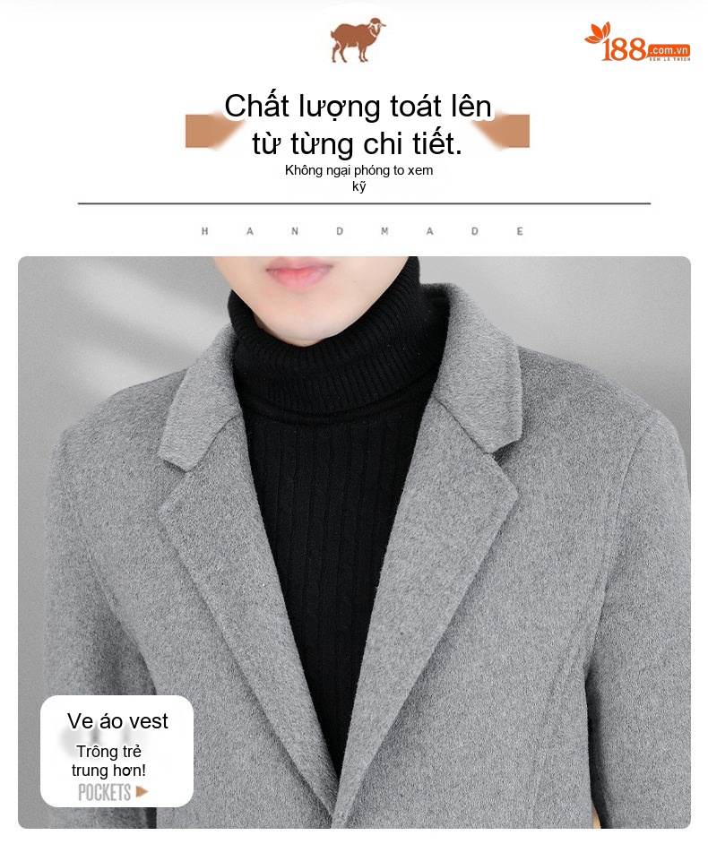 Áo Khoác Dạ Nam Dáng Dài Vừa Cổ chữ Vest Thiết Kế Thủ Công Màu Đen, Xám, Nâu chi tiết 6