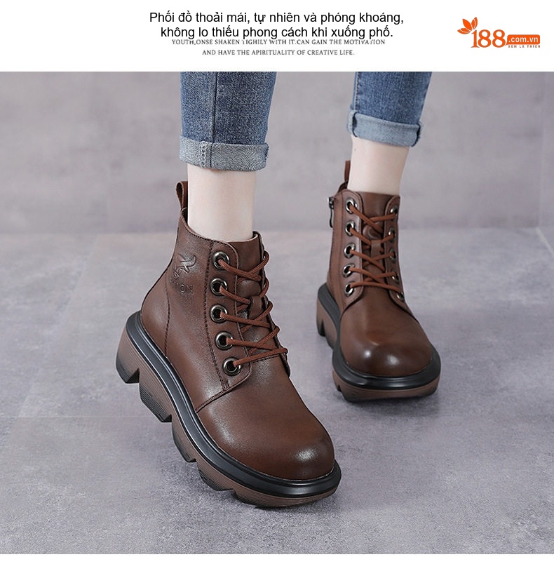 Boot Nữ Da Bò Cổ Cao Phong Cách Anh Quốc Chiều Cao Đế Khoảng 5cm Màu Nâu, Đen chi tiết 11