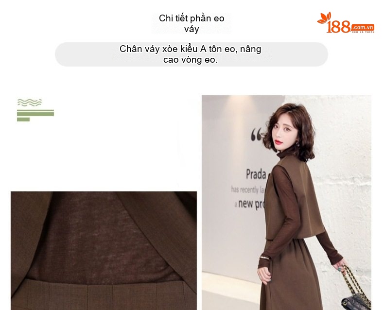 Váy Bộ Nữ Thu Đông Áo Gilet Khoác Lửng và Đầm Liền Thân Dài Tay Chất liệu Dệt Kim Màu Đen, Nâu chi tiết 14