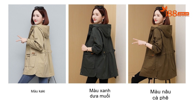 Áo Khoác Gió Nữ Dáng Dài Vừa Phong Cách Casual Thu Đông Màu Kaki, Xanh Olive chi tiết 7