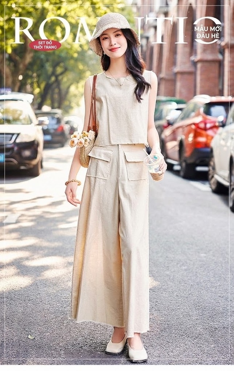 Bộ Quần Áo Nữ Cotton Linen Ống Rộng Áo Không Tay Phong Cách Thanh Lịch Màu Be, Xanh Navy chi tiết 1