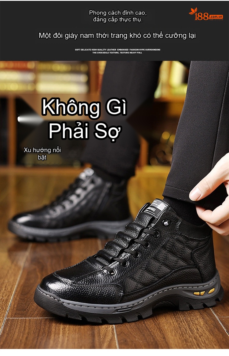 Giày Boot Nam Da Bóng Cao Cổ Lót Lông Chiều Cao Đế Khoảng 4cm Màu Đen chi tiết 5